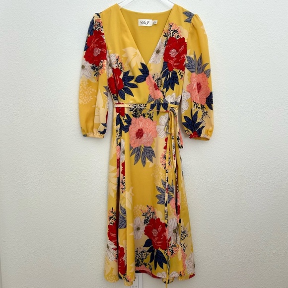 Eliza J Dresses & Skirts - Eliza J Wrap Midi Dress Floral Puff Sleeve Fall Yellow Red Blue Size 2P Petite